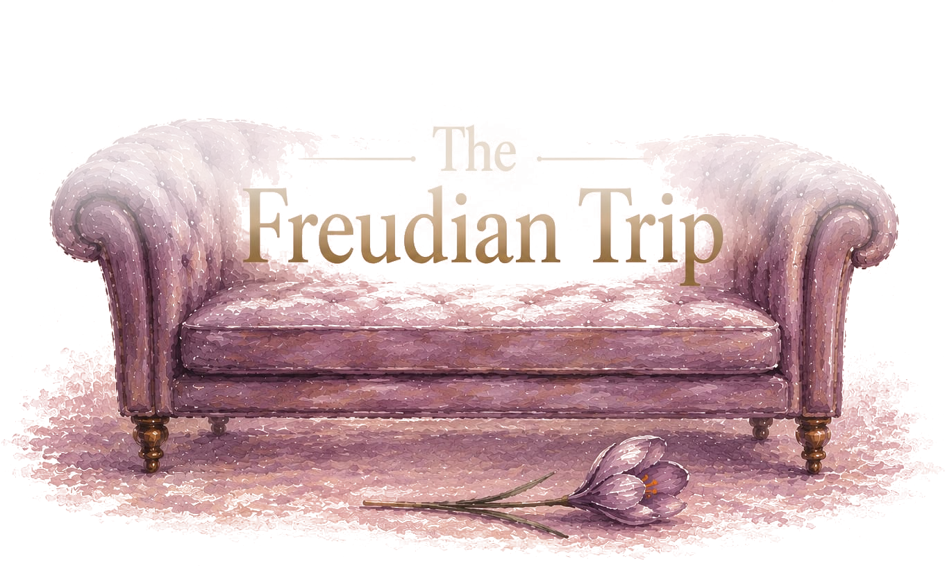 A watercolour therapy couch with a crocus flower resting beside it